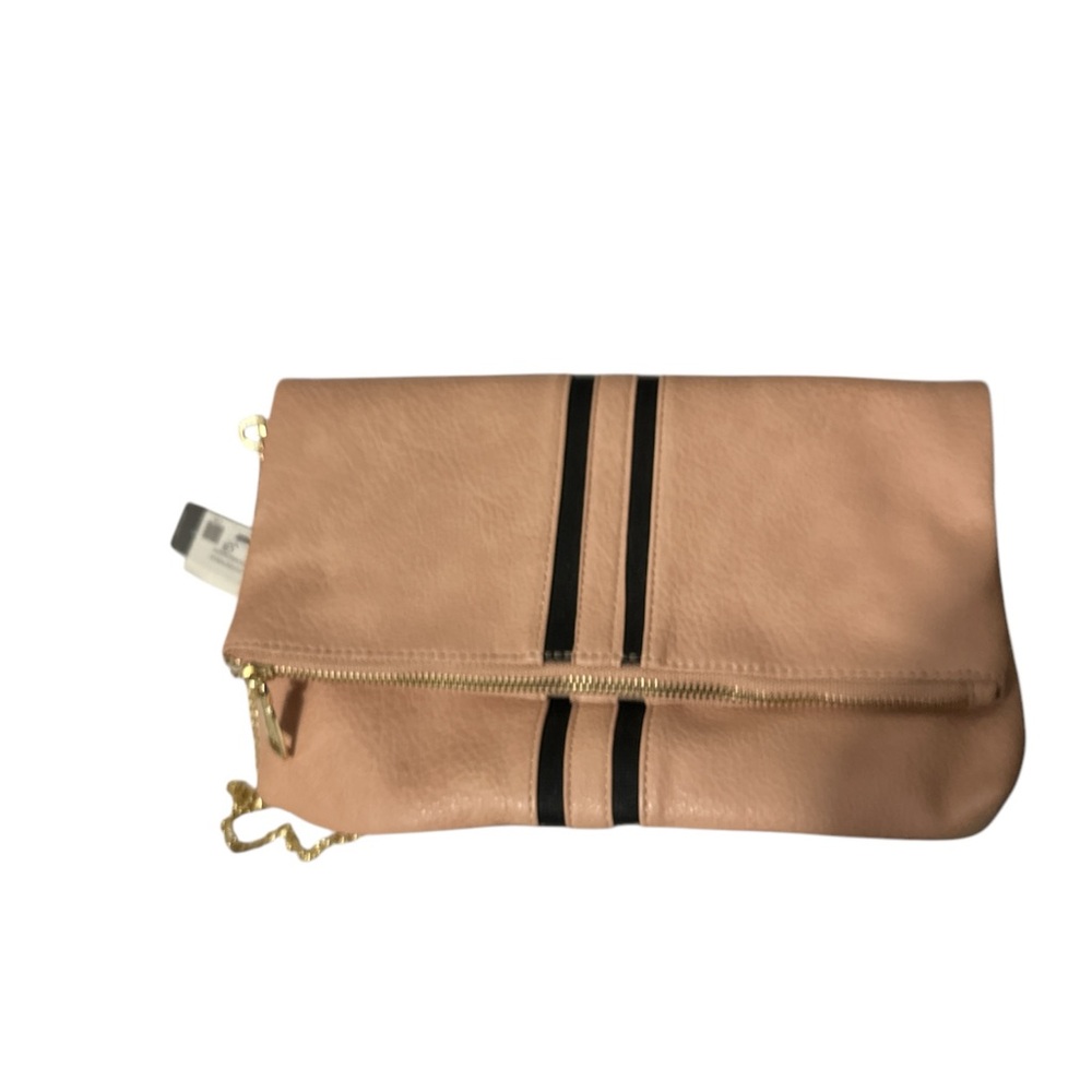 NWT glitzy Chic Tan Clutch with Black Accents gold crossbody zips to large area
